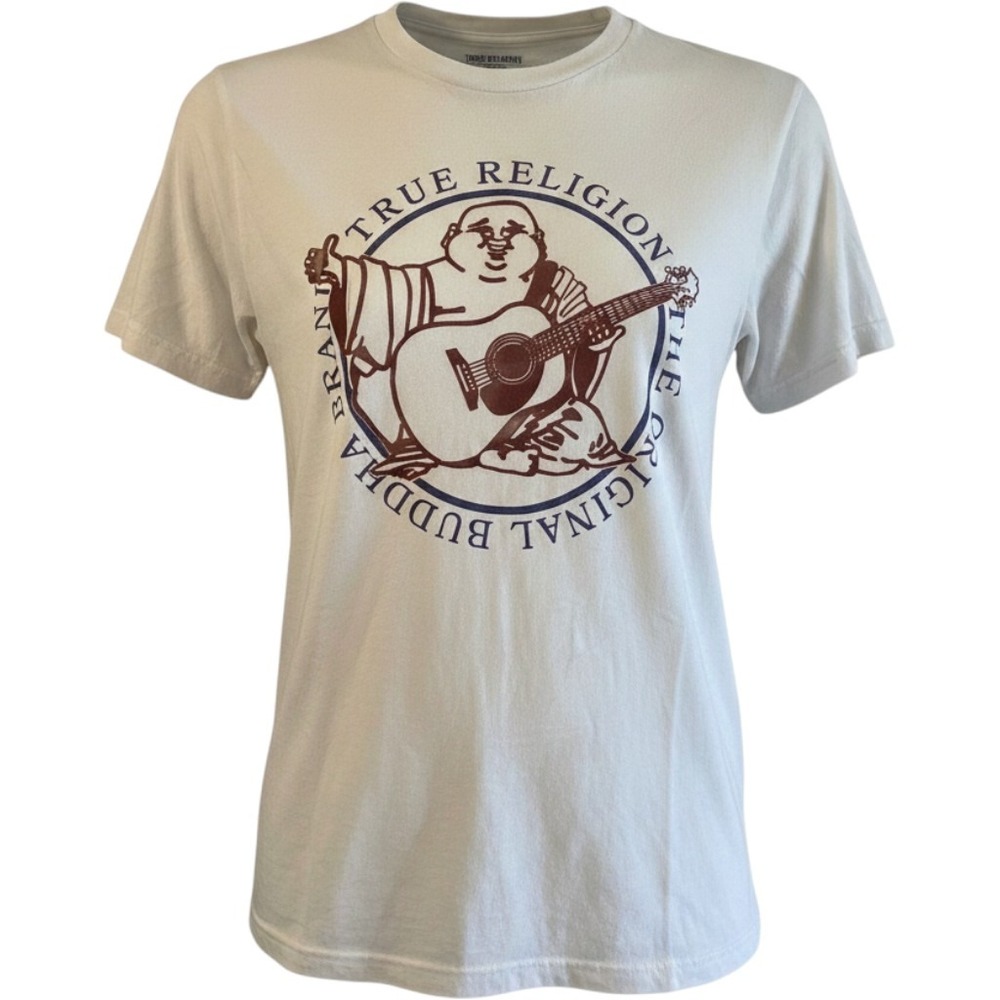 True Religion Buddha Guitar Graphic T-Shirt Mens XL White Short Sleeve Tee